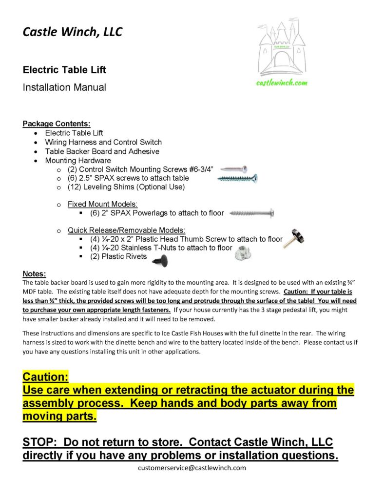 Electric Table Lift Installation Manual Castle Winch Llc